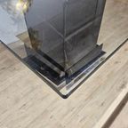 Grote Vintage Vierkante Glazen Tafel Zwart Marmeren Voet / Vintage Square Glass Table Marble Base thumbnail 14