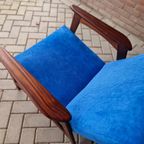 Set Vintage Deense Fauteuils Jaren 60 Ribstof Blauwe Stoelen thumbnail 15
