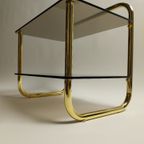 Vintage Bijzettafel Met Gouden Frame En Rookglas, Jaren 70 thumbnail 5