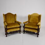 Paar 19e-eeuwse Gesneden Notenhouten Fauteuils – Bloemmotieven – Fluwelen Bekleding thumbnail 2