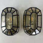 Set (2) Vintage Wandlampen, Glas In Lood - Zwart Staal thumbnail 5