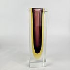 Vintage Glazen Vaas, Facet Geslepen, Rechthoekig. Roze, Geel En Kleurloos Murano Glas. Sommerso Vaas thumbnail 3