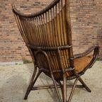 Vintage Rotan/Bamboe Lounge Chair Met Leren Kussens, Jaren 60, Togeschreven Aan Rohé Noordwolde thumbnail 9