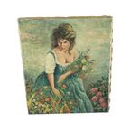 Vintage Schilderij Vrouw Bloemenpluk Acrylverf Op Doek Gesigneerd thumbnail 3