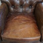 Prachtige, Unieke Cognac Kleurige Bruin Generfde Rundleren Chesterfield Fauteuil/ Armchair thumbnail 6
