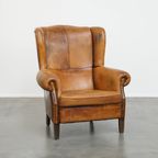 Comfortabele Vintage Oorfauteuil Gemaakt Van Karakteristiek Schapenleer thumbnail 11