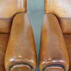 Set Van 2 Grote, Stoere En Comfortabele Vintage Cognac-kleurige Schapenleren Fauteuils/armchairs thumbnail 9