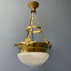 Grote Antieke Messing Hanglamp Met Geslepen Glas thumbnail 4