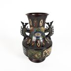 Brons - Champleve - Cloisonné - Emaille - Japanse Vaas - Late 19E Eeuw thumbnail 7