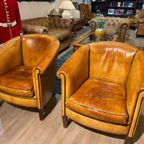 2 X Vintage Schaapsleder Club Fauteuils Camel Cognac Leer thumbnail 5