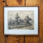 Antique Dutch Countryside Landscape Drawing By P. Schmidt * 1920S * Framed * Original Sketch thumbnail 8