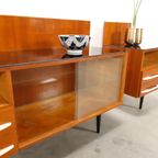 Vintage Design Donker Fineer Nachtkastjes Set Pozar Met Zwart Opaline Glas thumbnail 7