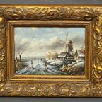 Gesigneerd Schilderij "winterschaatsen". thumbnail 2