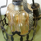 Vintage Brutalist Hanglamp Gehamerd Metaal Amberkleurig Glas Koperen Kap thumbnail 5