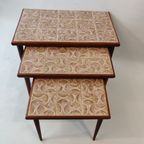 Mid Century Modern Set Of 3 Teak And Ceramic Nesting Tables, 1960S thumbnail 2