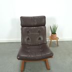 Bruin Leren Fauteuil Met Houten Onderstel Vintage Stoel thumbnail 5