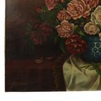 Groot Bloemen Stilleven Schilderij Rozen Boeket Gesigneerd R. Blanlin thumbnail 13