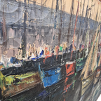 Vintage Frans Schilderij Met Boten In Haven, Jaren 50 thumbnail 4
