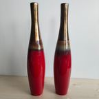 Retro Slanke Aardewerk Bloemen Vaas Rood Goud thumbnail 2