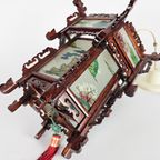Chinese Lantaarn Chandelier - Rozen Hout - Gedecoreerd Glas - 2E Helft 20E Eeuw thumbnail 5