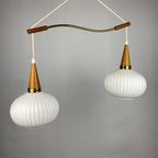 A Pair Of White Opal Frosted Glass Pendants Light With Wooden Details By Massive 1970 thumbnail 3