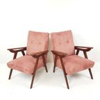 Vintage Fauteuils Teakhout | Roze Rib Stof Nieuw Setprijs thumbnail 7