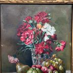 Antiek Schilderij “Stilleven Met Bloemen En Vruchten”. thumbnail 4