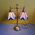 Oude Messing Bureau Lamp Met Glas In Lood. thumbnail 3