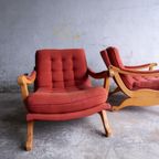 Pair Of Red Fabric And Wooden Club Chairs With Soft Lined Design. thumbnail 2