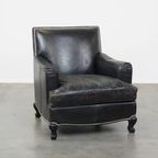 Luxe Zwarte Generfde Rundleren Fauteuil/Armchair Met Een Diepe Zit En Een Correcte Afwerking thumbnail 2