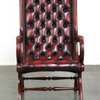 Donker Rode Gevlamde Engelse Chesterfield Fauteuil Van Rundleer En Hout, Victoriaans Model thumbnail 3