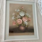 Vintage Aquarel Prent Pastelkleuren Schilderij Stilleven Prent, Bloemen In Vaas Ingelijst thumbnail 10