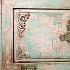 Shabby Chic Kast/Vintage Look Dekenkist In Old White En Turquoise thumbnail 5