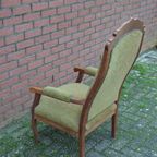 Antieke Eiken Armfauteuil Met Groene Stoffering thumbnail 8