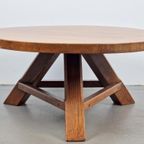 Brutalist Rond Massief Eiken Salontafel 1960 Tripod Vintage thumbnail 3