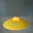 Mid Century Deense Hanglamp  Met Gele Metalen Kap En Opaline Glazen Kap thumbnail 6