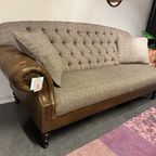 'Dartford' Chesterfield 3 Zits Bank Harris Tweed Met Vintage Cognac Leer thumbnail 4