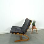 Zwart Leren Fauteuil Met Houten Onderstel, Vintage Stoel thumbnail 12