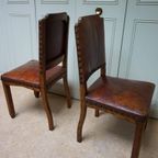 Set Van 6 Eiken Art Deco Eetkamerstoelen In Bruin Leer thumbnail 11