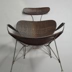 Brown Rattan And Metal Lounge Chair By Yuzuru Yamakawa, 1980S thumbnail 11