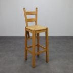Set Of 4 Bar Stools In Solid Oak And Rattan, 1970s thumbnail 3