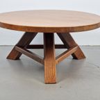 Brutalist Rond Massief Eiken Salontafel 1960 Tripod Vintage thumbnail 2