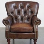 Prachtige, Unieke Cognac Kleurige Bruin Generfde Rundleren Chesterfield Fauteuil/ Armchair thumbnail 2
