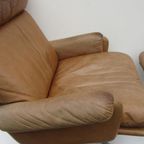 Mid-Century Vintage Cognac Leren Lounge Draai Fauteuil Met Voetenbank, Jaren 70 thumbnail 3