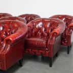 Unieke Set Van 12 Mooie Engelse Rundleren Chesterfield Fauteuils In Een Gevlamde Rode Kleur thumbnail 9