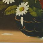 Bloemen Stilleven Schilderij Margrieten Klaproos Gesigneerd 47x38cm thumbnail 11