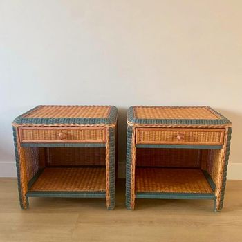 Finnhomy Nachtkastje, bijzettafel met 2 handgemaakte rotan versierde laden, nachtkastjes set van 2, houten nachtkastje, bijzettafel met opbergruimte voor slaapkamer, wit, 2 stuks