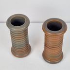 Set Vintage Aardewerk Geribbelde Cilinder Vaas Scandinavisch thumbnail 3