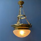 Grote Antieke Messing Hanglamp Met Geslepen Glas thumbnail 13