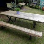 Prachtige  Boomstam Terras Tuintafel En 2 Banken Picknickset thumbnail 5